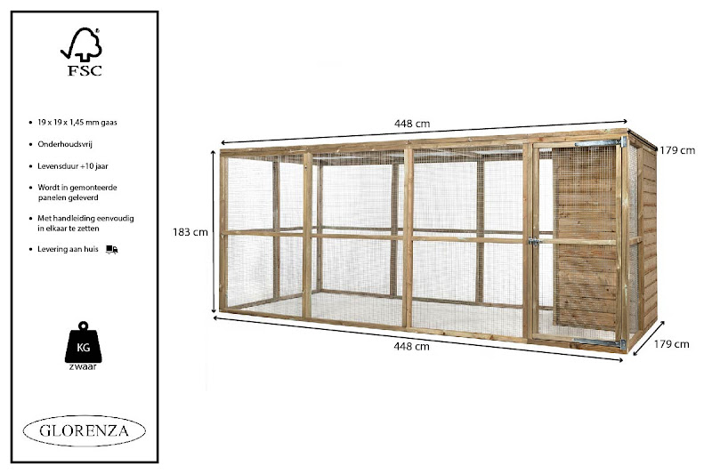 Houten Volire met nachthok  448 x 179 x 183 cm