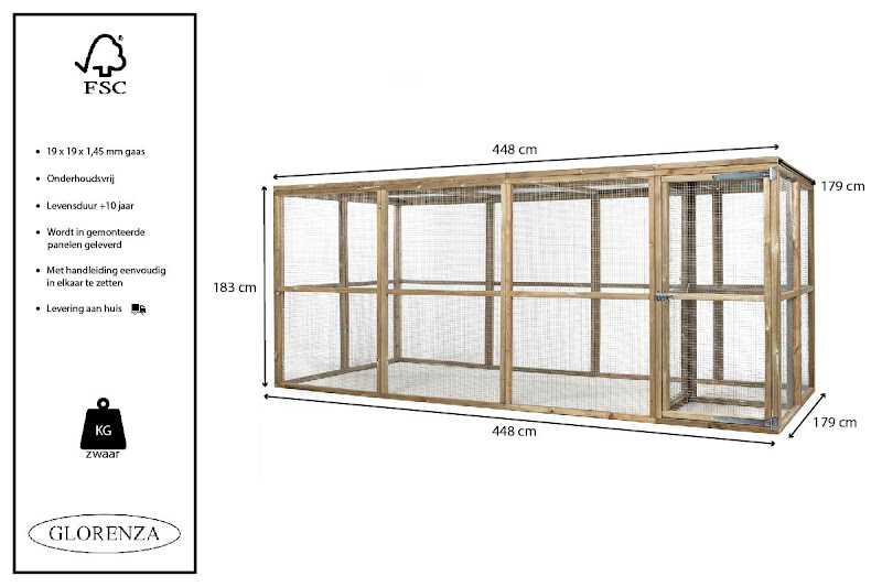 Houten Volire met sluis  448 x 179 x 183 cm