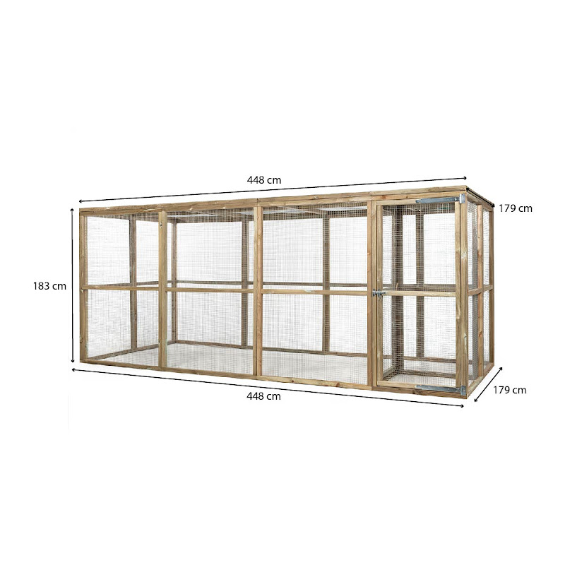 Houten Volire met sluis  448 x 179 x 183 cm