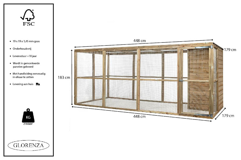 Houten Kattenren met nachthok  19 mm gaas  448 x 179 x 183 cm