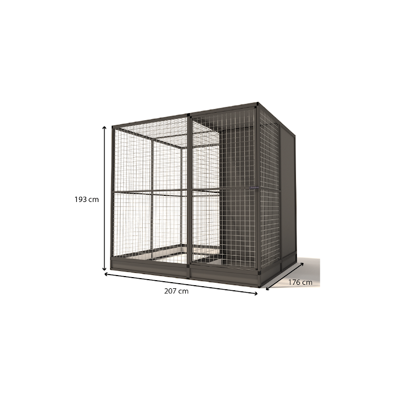 Aluminium Volire Evi met sluis nachthok en morsrand model 2  19 mm gaas  207 x 176 x 193 cm