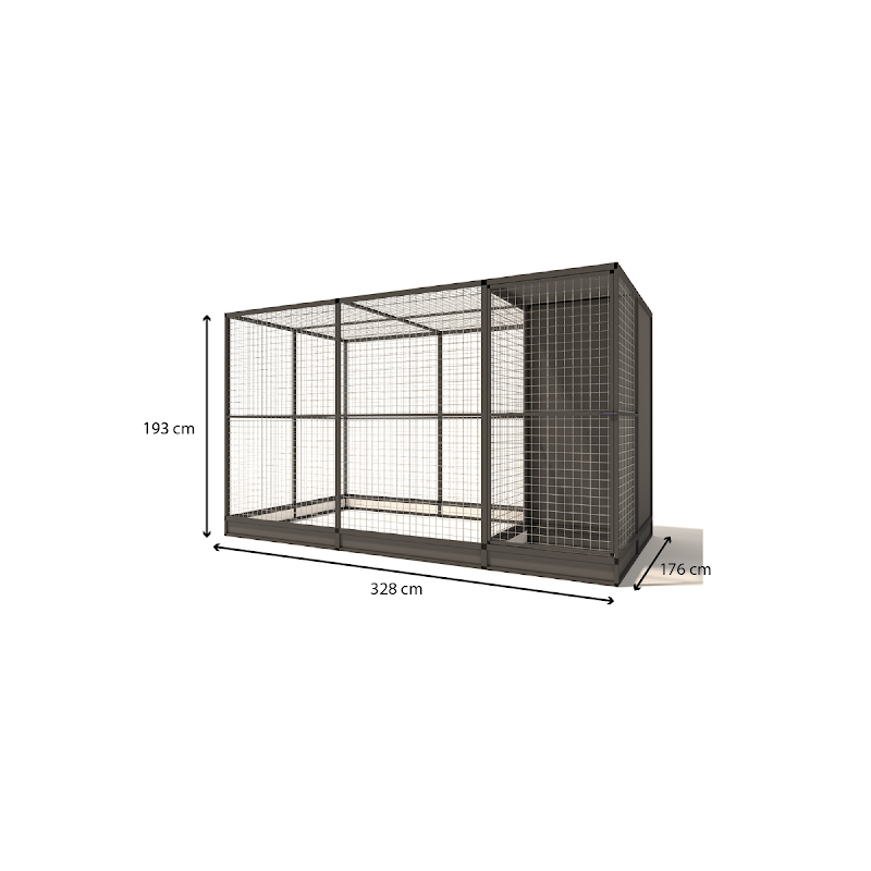 Aluminium Voliere Evi met sluis nachthok en morsrand model 2  19 mm gaas  328 x 176 x 193 cm