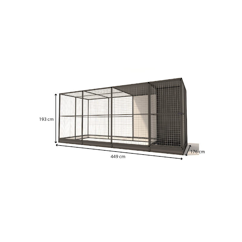 Aluminium Volire Evi met sluis nachthok en morsrand model 2  19 mm gaas  449 x 176 x 193 cm