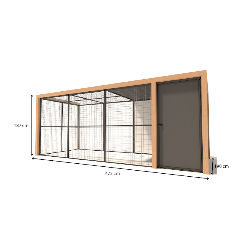 Aluminium voliere Noor nachthok sluis Douglas staanders model 1  19 mm gaas  475 x 190 x 187 cm