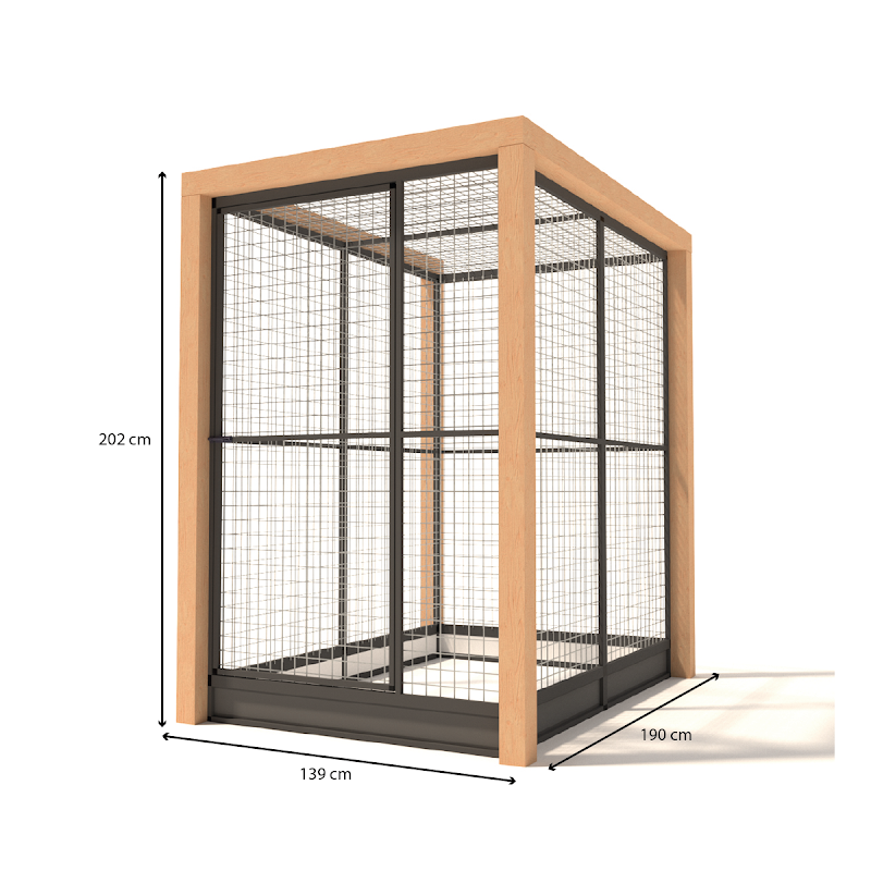 Aluminium Volire Valentijn met Douglas staanders en morsrand  19 mm gaas  139 x 190 x 202 cm