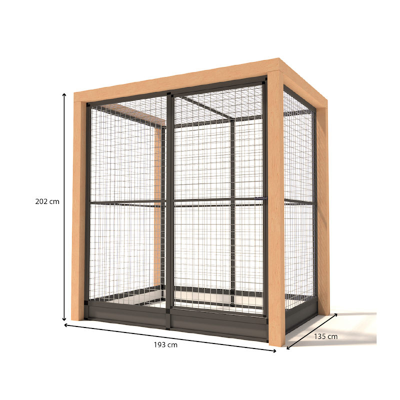 Aluminium Volire Valentijn met Douglas staanders en morsrand  19 mm gaas  193 x 135 x 202 cm