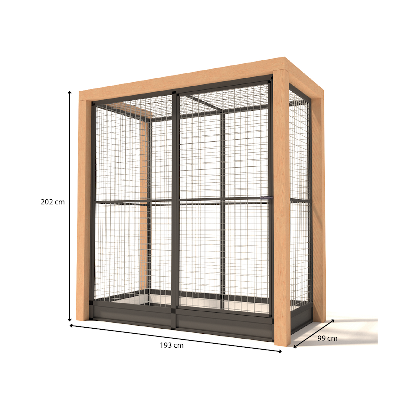 Aluminium Volire Valentijn Douglas staanders en morsrand  19 mm gaas  193 x 99 x 202 cm