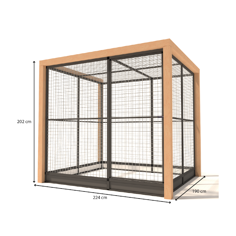 Aluminium Volire Valentijn Douglas staanders en morsrand  19 mm gaas  224 x 190 x 202 cm