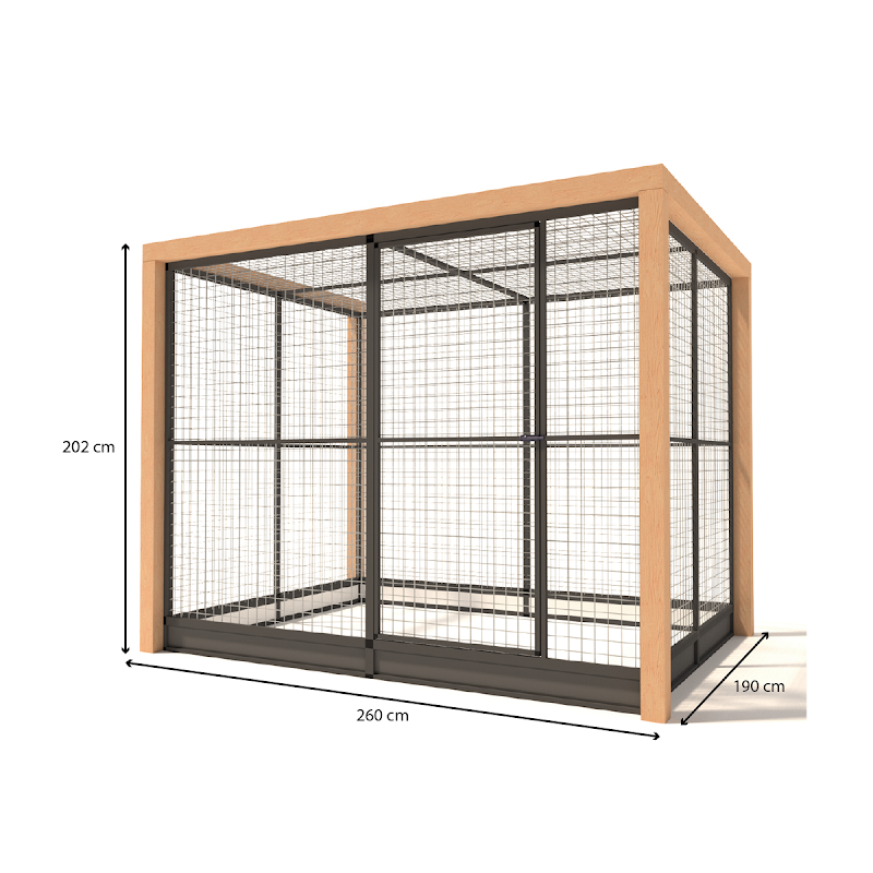 Aluminium Volire Valentijn Douglas staanders en morsrand  19 mm gaas  260 x 190 x 202 cm