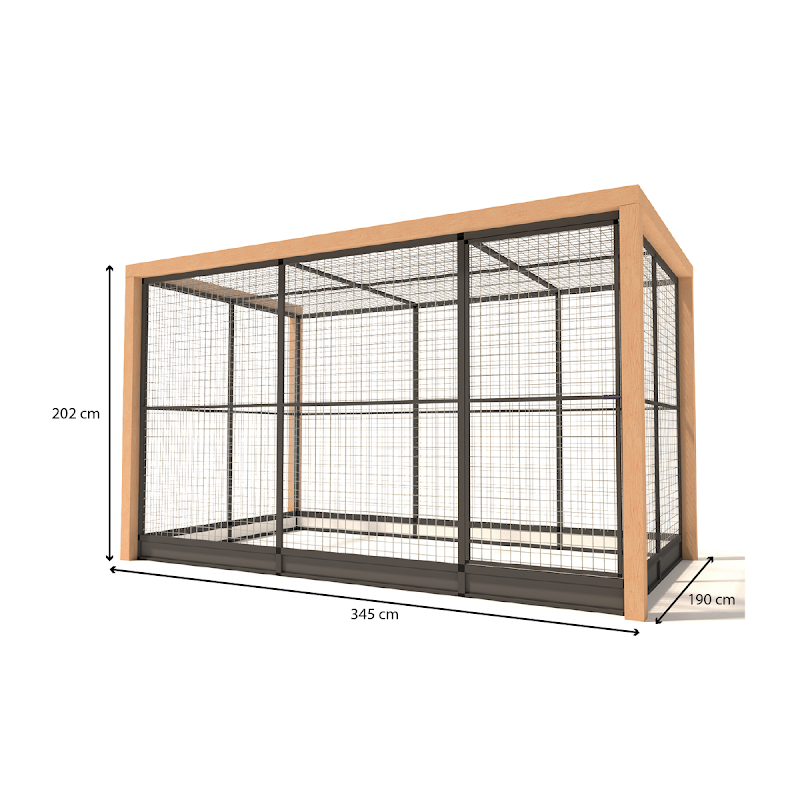 Aluminium Volire Valentijn Douglas staanders en morsrand  19 mm gaas  345 x 190 x 202 cm