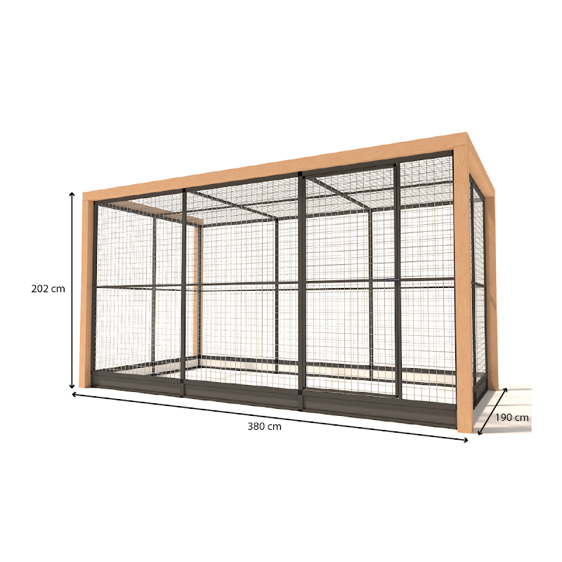 Aluminium Volire Valentijn Douglas staanders en morsrand  19 mm gaas  380 x 190 x 202 cm