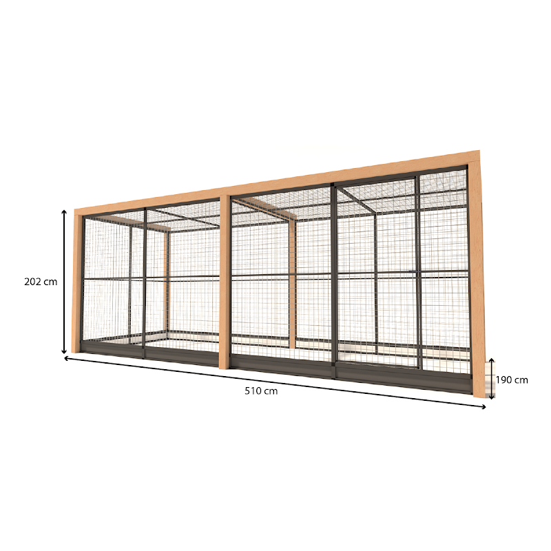 Aluminium Volire Valentijn met Douglas staanders en morsrand  19 mm gaas  510 x 190 x 202 cm