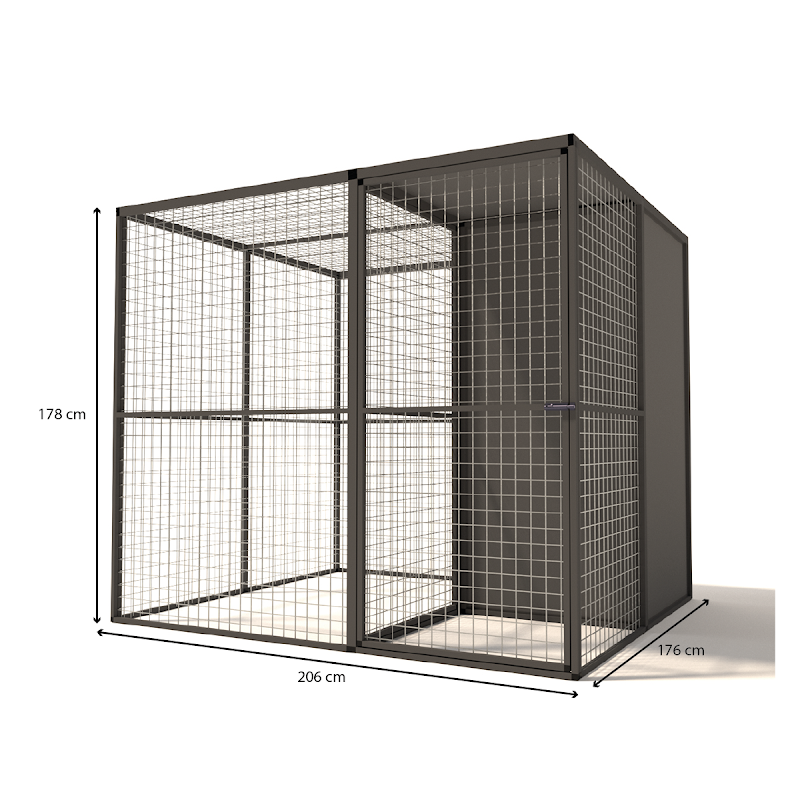 Aluminium Volire Yara met sluis en nachthok model 2  19 mm gaas  206 x 176 x 178 cm