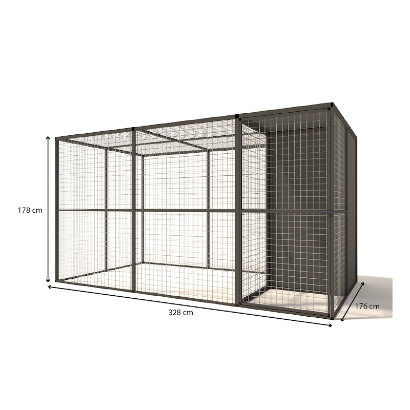 Aluminium Volire Yara met sluis en nachthok model 2  19 mm gaas  328 x 176 x 178 cm